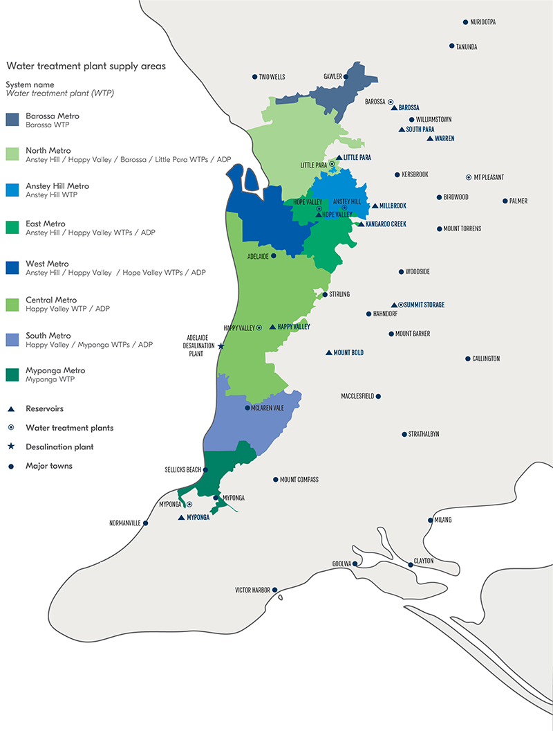 2020_Map of our reservoirs, water treatment plants and supply areas, metropolitan Adelaide