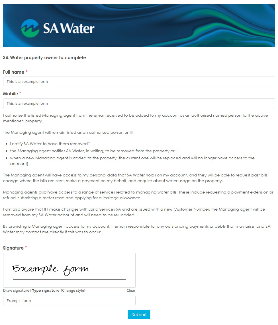 Example of a form managing agent authorisation form