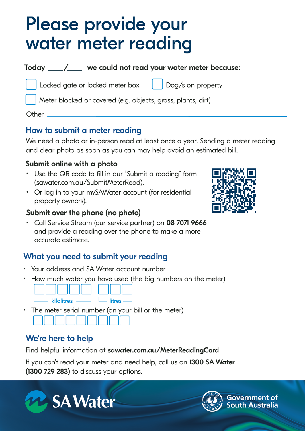 Front view of the missed meter reading card.
