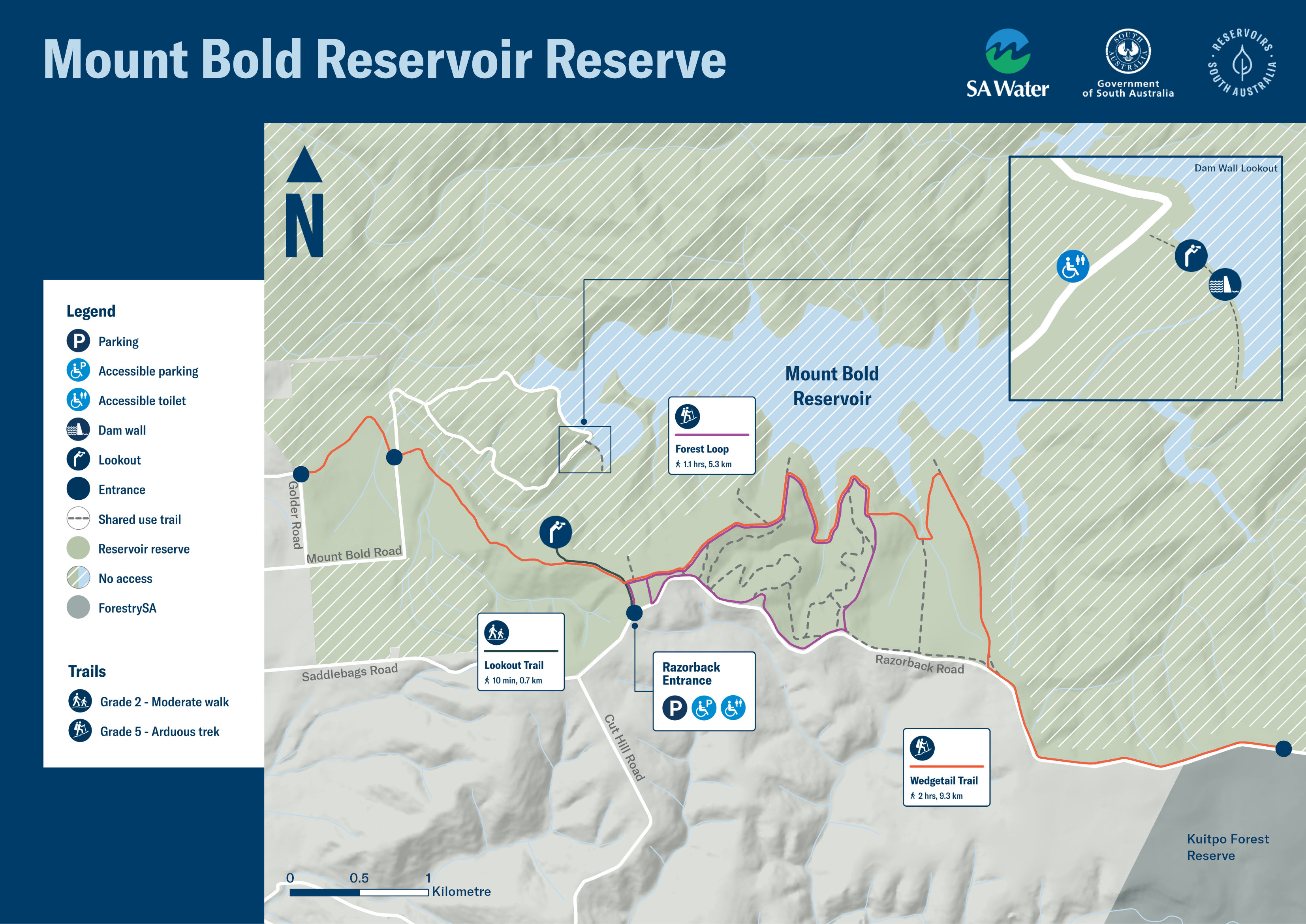 A map showing the Mount Bold Reserve, accessed from Mount Bold Road. The reservoir features parking at the entrance, toilets and a great look out spot.