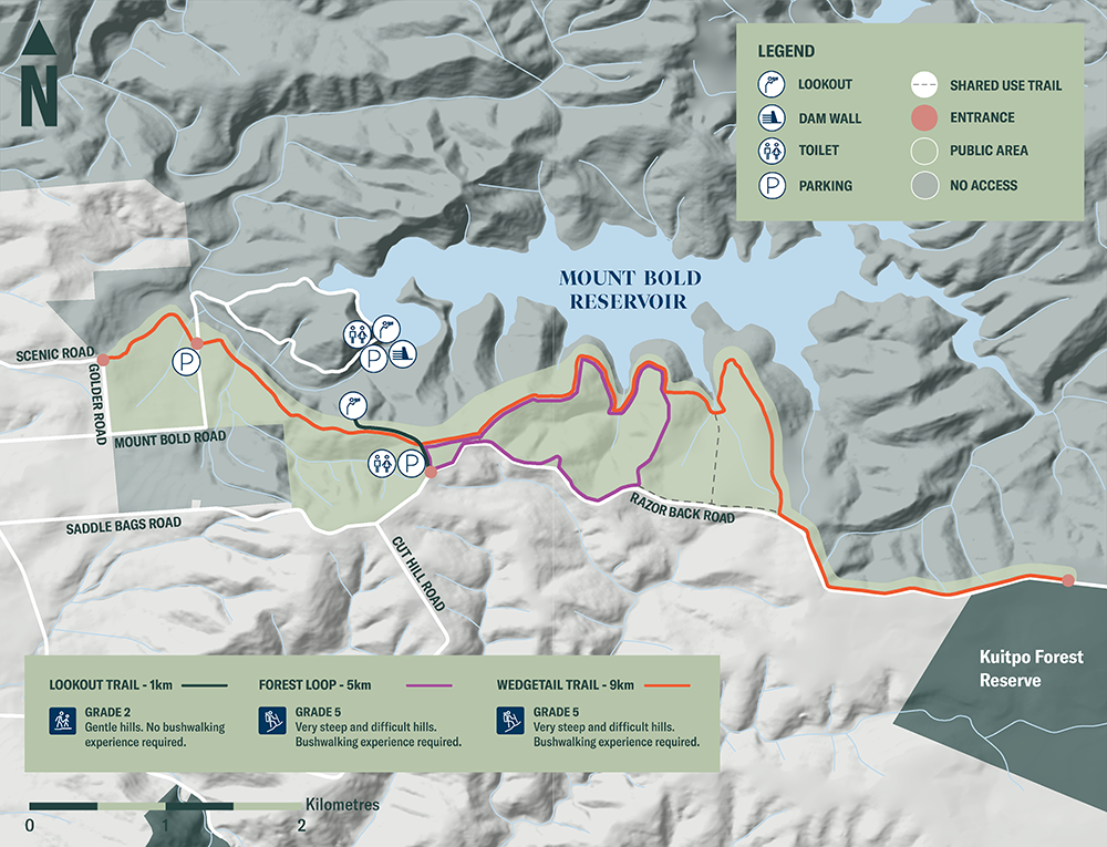 A map showing the Mount Bold Reserve, accessed from Mount Bold Road. The reservoir features parking at the entrance, toilets and a great look out spot.