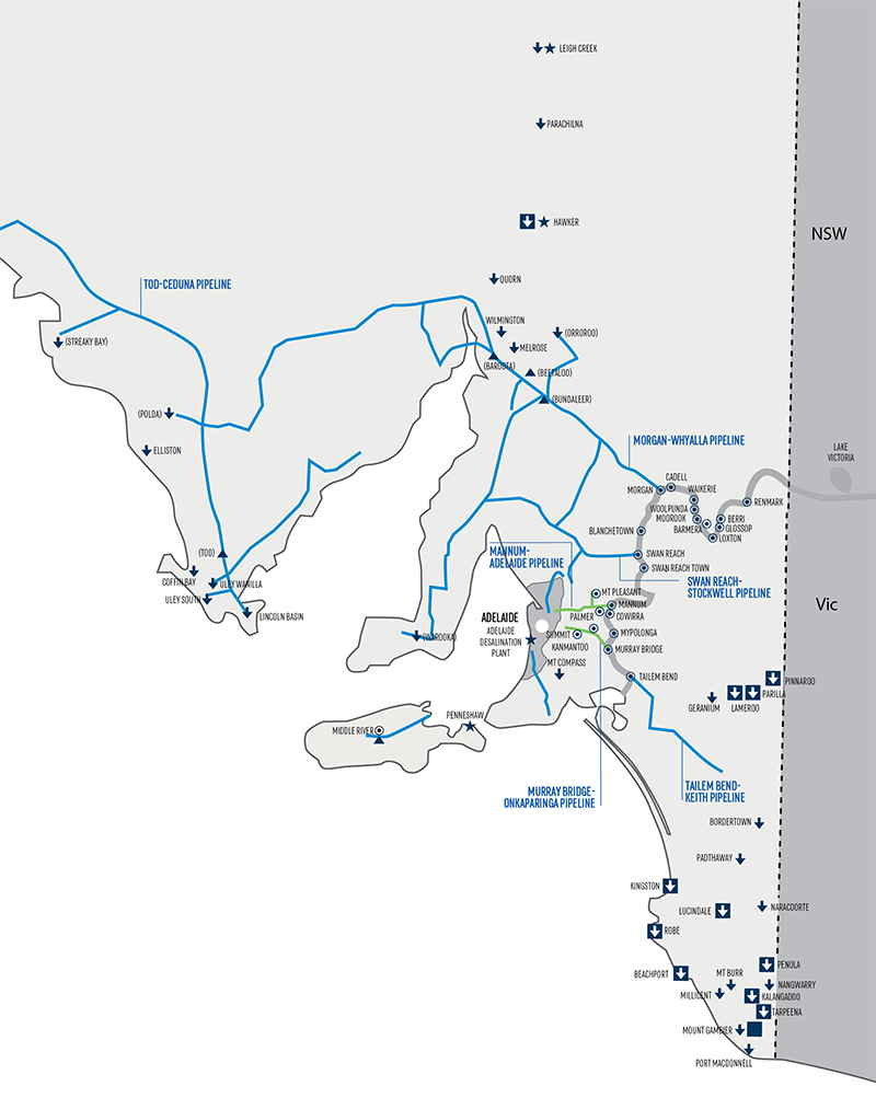 Map of our reservoirs, water treatment plants, borefields and major pipelines