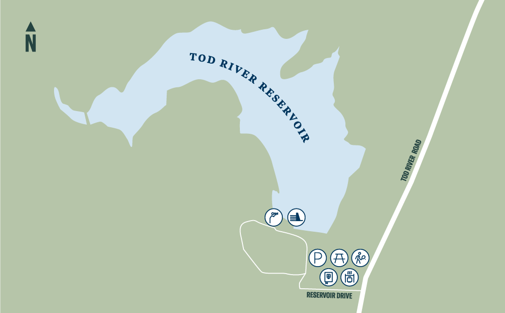 A map showing the Tod River Reservoir Reserve. The reservoir can be accessed via Reservoir Drive, off Tod River Road. Parking, tennis and picnic facilities are available on Reservoir Drive, with a lookout spot on the reservoir.  