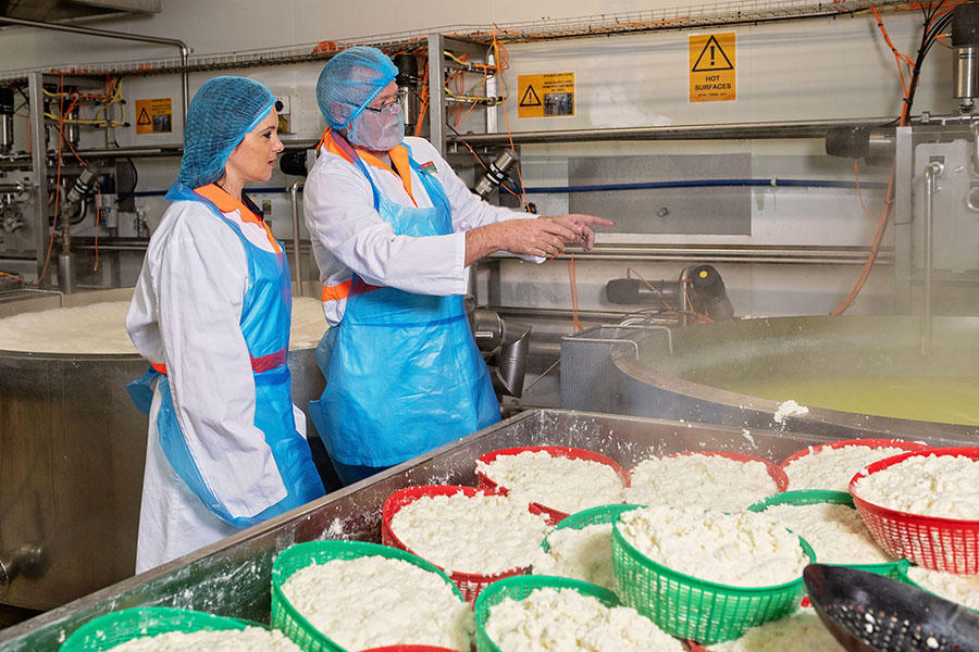 Two female workers standing talking in front of a food production line
