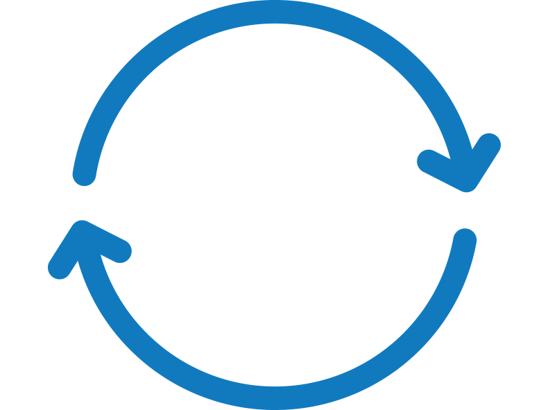 A blue outline icon shwoing two arrows following the path of a circle
